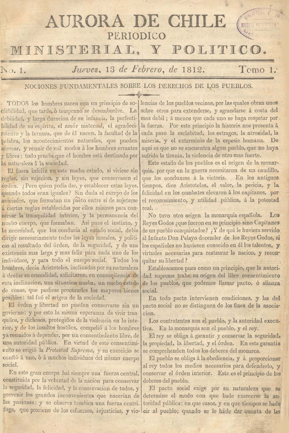 											Ver Núm. 1 (1812): Tomo I. Jueves 13 de Febrero
										
